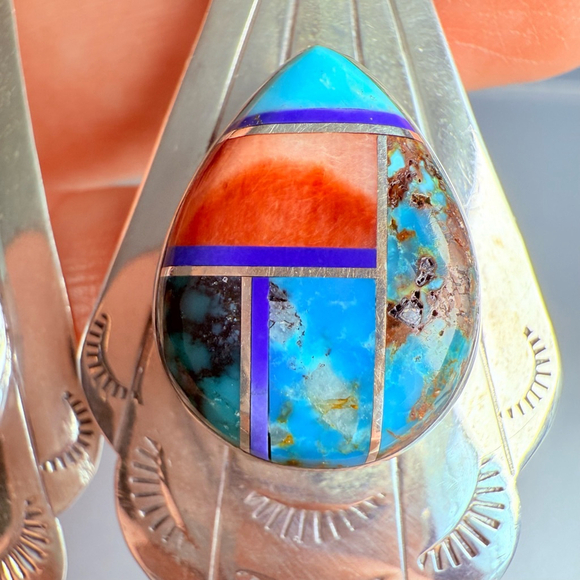 Native American Pete Sanchez Multi Gemstone Inlay Sterling Silver 3" Earrings - Picture 3 of 8